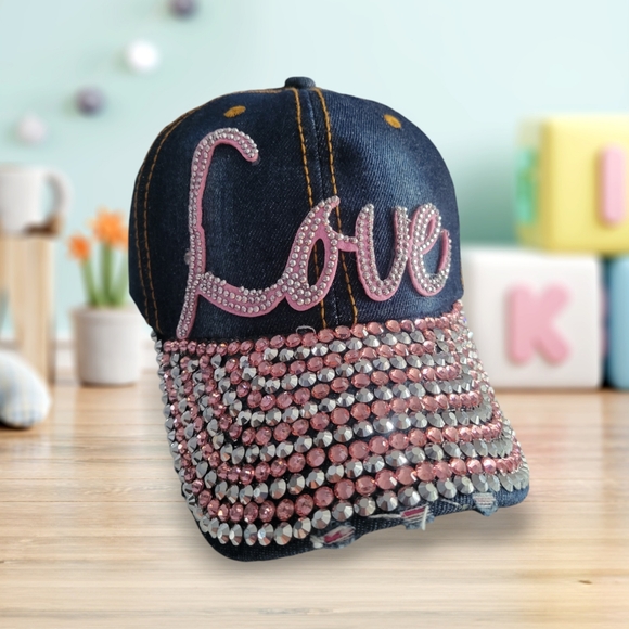 Handmade Denim Rhinestone Baseball Hat - Picture 1 of 7